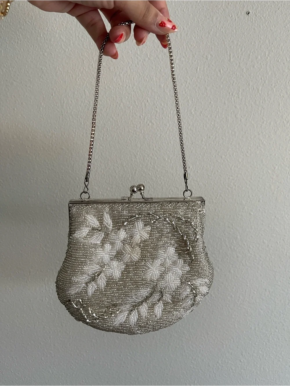 Vintage Silver Beaded Floral Evening Bag